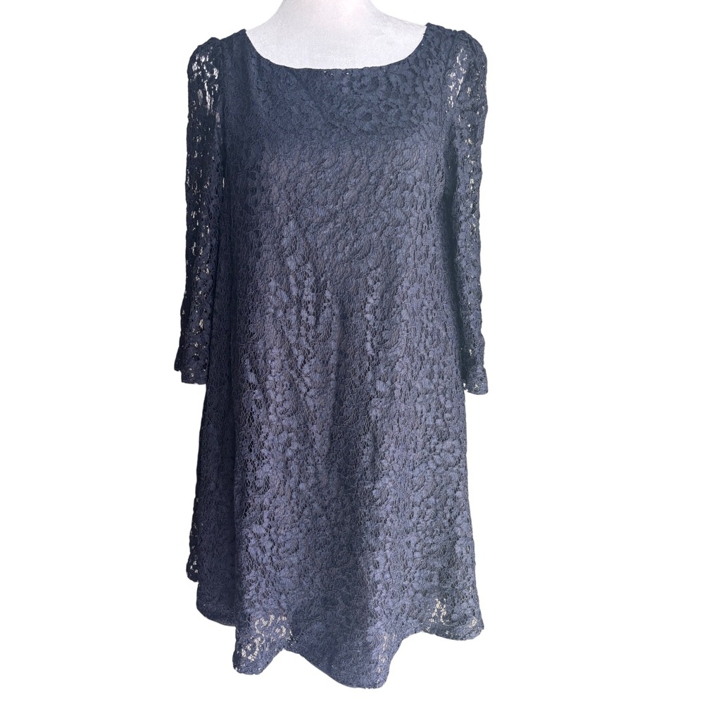 Claudie Pierlot Luxury Navy Blue Lace Shift Dress 3/4 Sleeve Ribbon Back Size 36